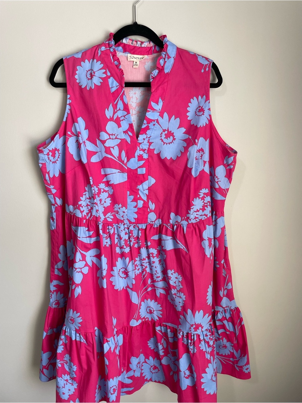 Bright Pink Floral Sleeveless Tunic Dress with Light Blue Blooms